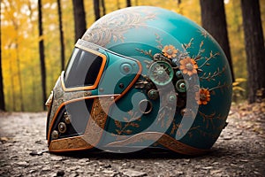 Haloween fantasy theme ornate motorcycle protective helmet closeup a the grounf in the forest. AI generated