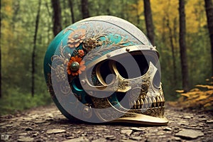 Haloween fantasy theme ornate motorcycle protective helmet closeup a the grounf in the forest. AI generated