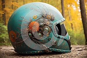 Haloween fantasy theme ornate motorcycle protective helmet closeup a the grounf in the forest. AI generated