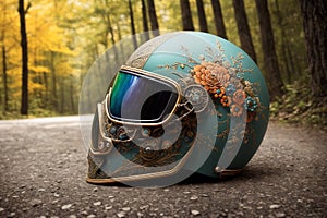 Haloween fantasy theme ornate motorcycle protective helmet closeup a the grounf in the forest. AI generated