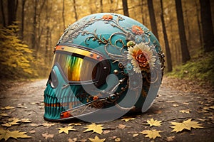 Haloween fantasy theme ornate motorcycle protective helmet closeup a the grounf in the forest. AI generated