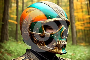 Haloween fantasy theme ornate motorcycle protective helmet closeup a the grounf in the forest. AI generated