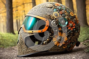 Haloween fantasy theme ornate motorcycle protective helmet closeup a the grounf in the forest. AI generated