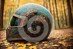 Haloween fantasy theme ornate motorcycle protective helmet closeup a the grounf in the forest. AI generated