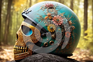 Haloween fantasy theme ornate motorcycle protective helmet closeup a the grounf in the forest. AI generated