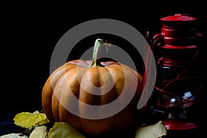 Haloween pumpkin with leafs hazelnuts