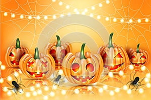 Haloween realistic illustration design with pumpkins with creepy cut out faces, spiders, and haning lights garland on orange backg photo