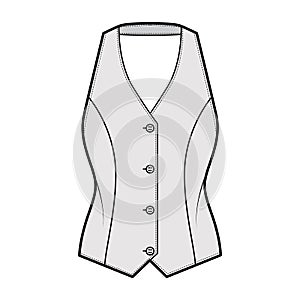 Halter vest pique waistcoat technical fashion illustration with backless, V-neckline, button-up closure, slim fit. Flat