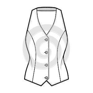 Halter vest pique waistcoat technical fashion illustration with backless, V-neckline, button-up closure, slim fit. Flat