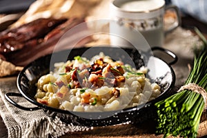 Halusky as traditional Slovak potato gnocchi with sheep cheese bryndza, fried bacon and chives