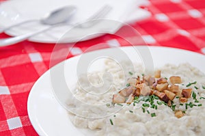 Halusky with bryndza sheep cheese and bacon, which is potato dough dumpling, similar gnocchi(Slovakian cuisine)