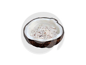 Halve coconut with meat slice inside isolated on white background.