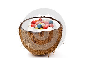 Halved coconut with colorful