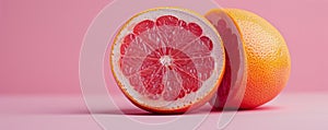 Halved grapefruit on pink background