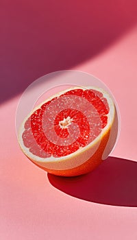 Halved Grapefruit with Vivid Red Pulp on Pastel Pink Background