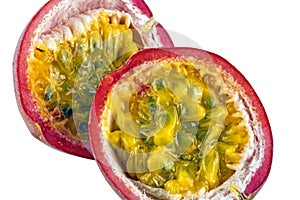 Halved Passion Fruit Seed and Texture on White
