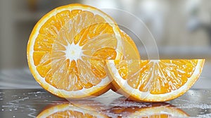 Halved and quartered orange on a reflective surface.
