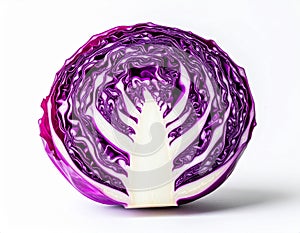 Halved Red Cabbage Cross Section Showing Pattern on White Background