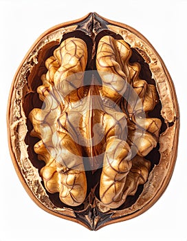 Halved Walnut with Visible Kernel Texture Isolated on White Background Close Up