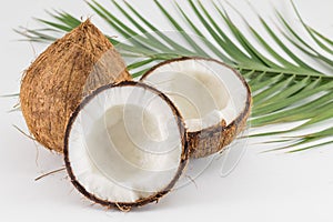 Halved and whole fresh coconuts with leaves