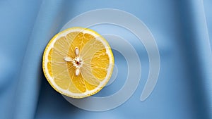 A halved yellow lemon is placed on a smooth blue fabric background