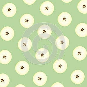 Halves of fresh apple on light green background, seamless pattern