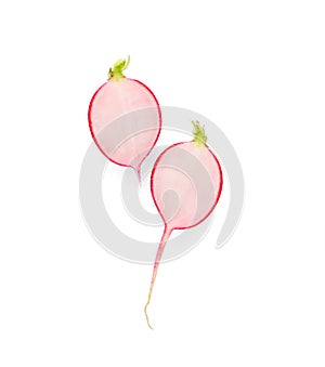 Halves of fresh ripe radish on white background, top view