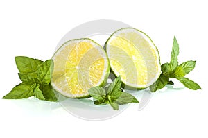 Halves of limes on mint leaves