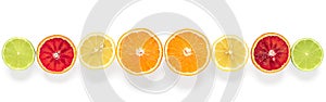 Halves of various citrus fruits in a row isolated on white background. Border. Red orange, lime, lemon and orange. Top view