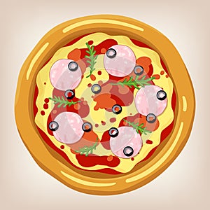 Ham and Arugula pizza vector illustration.