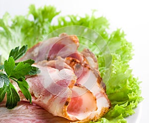 Ham. Bacon slice with herbs. Macro