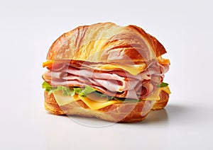 Ham and cheese large sandwich with croissant bun on white background.Macro.AI Generative