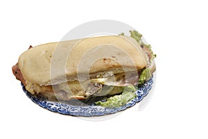 ham cheese lettuce tomato sandwich. White background. Copy space