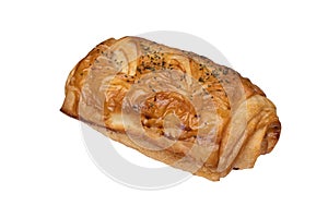 Ham and cheese puff pastry pie, isolated on white background. Selective focus. Bakery concept.