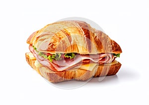 Ham and cheese sandwich with croissant bun on white background.Macro.AI Generative