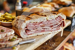 A ham and cheese sandwich displayed on a cutting board, A quintessential deli offering that has stood the test of time