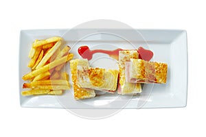 Ham cheese sandwich with french fried and tomato sauce on white plate