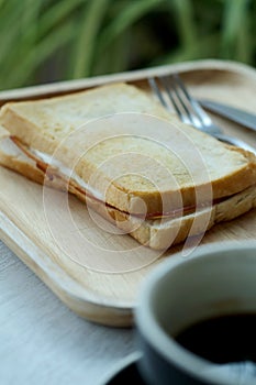 Ham cheese sandwich on wood tray and space for write wording