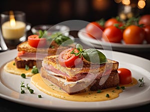 Ham cheese toast in fine dining restaurant, cinematic food photography