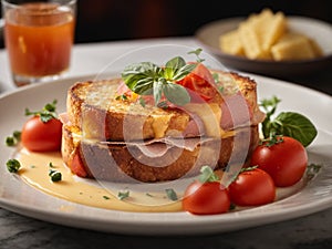 Ham cheese toast in fine dining restaurant, cinematic food photography