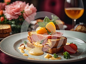 Ham cheese toast in fine dining restaurant, cinematic food photography