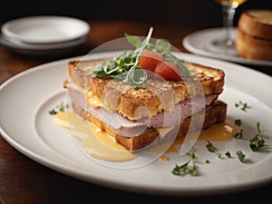 Ham cheese toast in fine dining restaurant, cinematic food photography