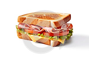 Ham and cheese toasted sandwich with salad and tomato on white background.Macro.AI Generative