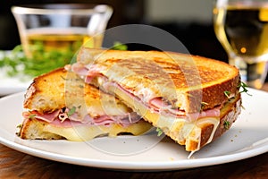 a ham and cheese toasted sandwich on a white plate