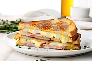 a ham and cheese toasted sandwich on a white plate