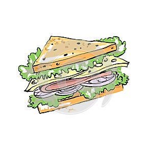 Ham cheese and vegetable sandwich illustration isolated on white