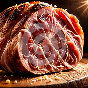 Ham, cured pork meat, sliced for sandwiches and meals