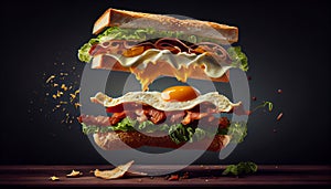 Ham and eggs sandwich floating isolated on black background, AI Generated