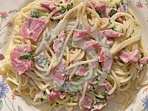 Ham With Pasta, Cream, Spring Onions and Cilantro for Dinner