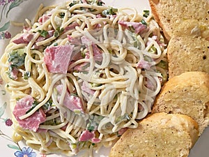 Ham With Pasta, Cream, Spring Onions, Cilantro and Garlic Bread for Dinner